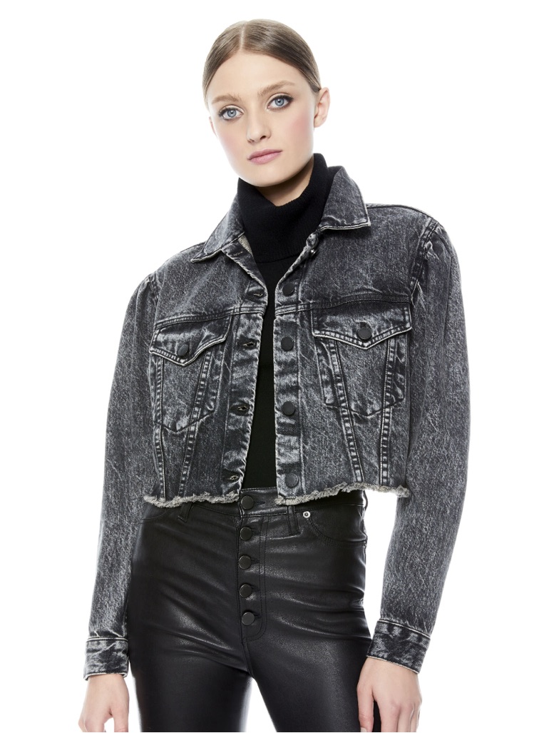 Alice + Olivia Cropped Puff Sleeve Jacket In Acid Black